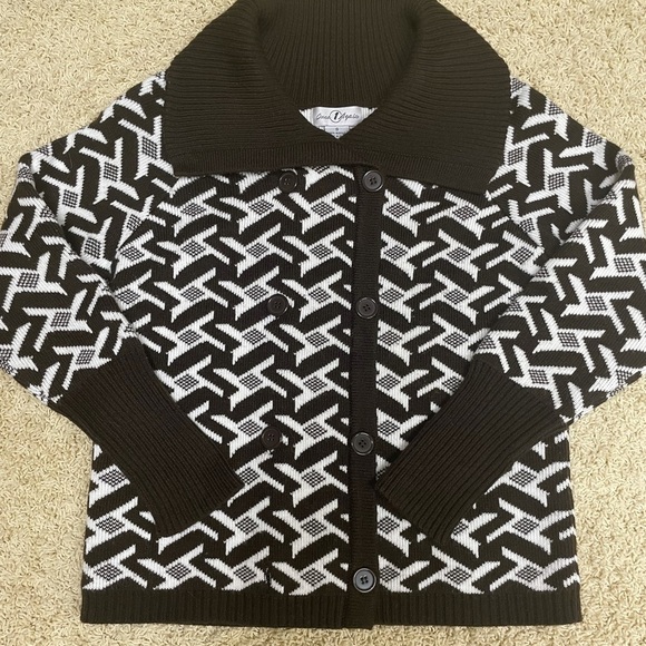 Vintage Brown Cream Houndstooth Knit Sweater Double Breasted Contrast Collar SM - Picture 5 of 13